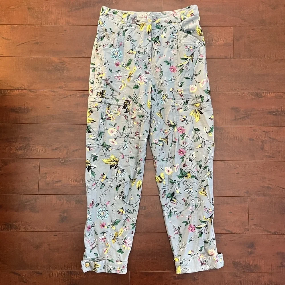 ANTHROPOLOGIE Victoria Floral Cargo Utility Pants High Rise Gray Blue Size 4 - Picture 4 of 14